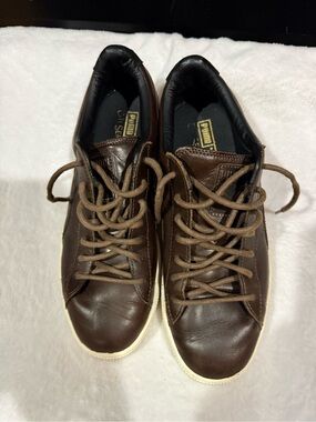 Puma Men’s Brown Leather Low-Top Sneakers with Cream Soles